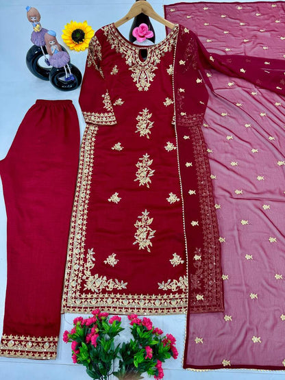 DESIGNER VICHITRA SILK EMBROIDERY SEQUENCE WORK TOP BOTTOM WITH DUPATTA RED