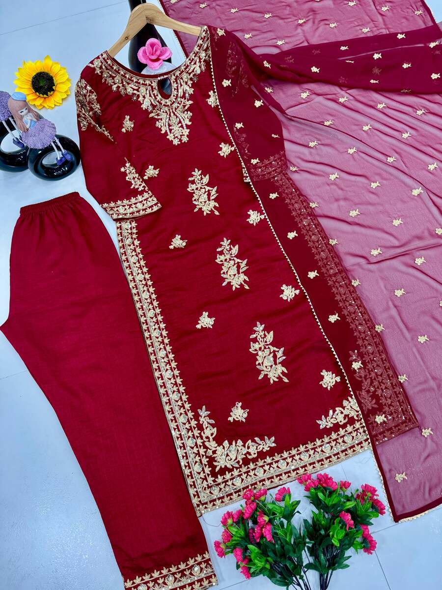 DESIGNER VICHITRA SILK EMBROIDERY SEQUENCE WORK TOP BOTTOM WITH DUPATTA RED