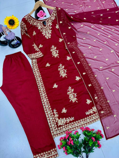 DESIGNER VICHITRA SILK EMBROIDERY SEQUENCE WORK TOP BOTTOM WITH DUPATTA RED