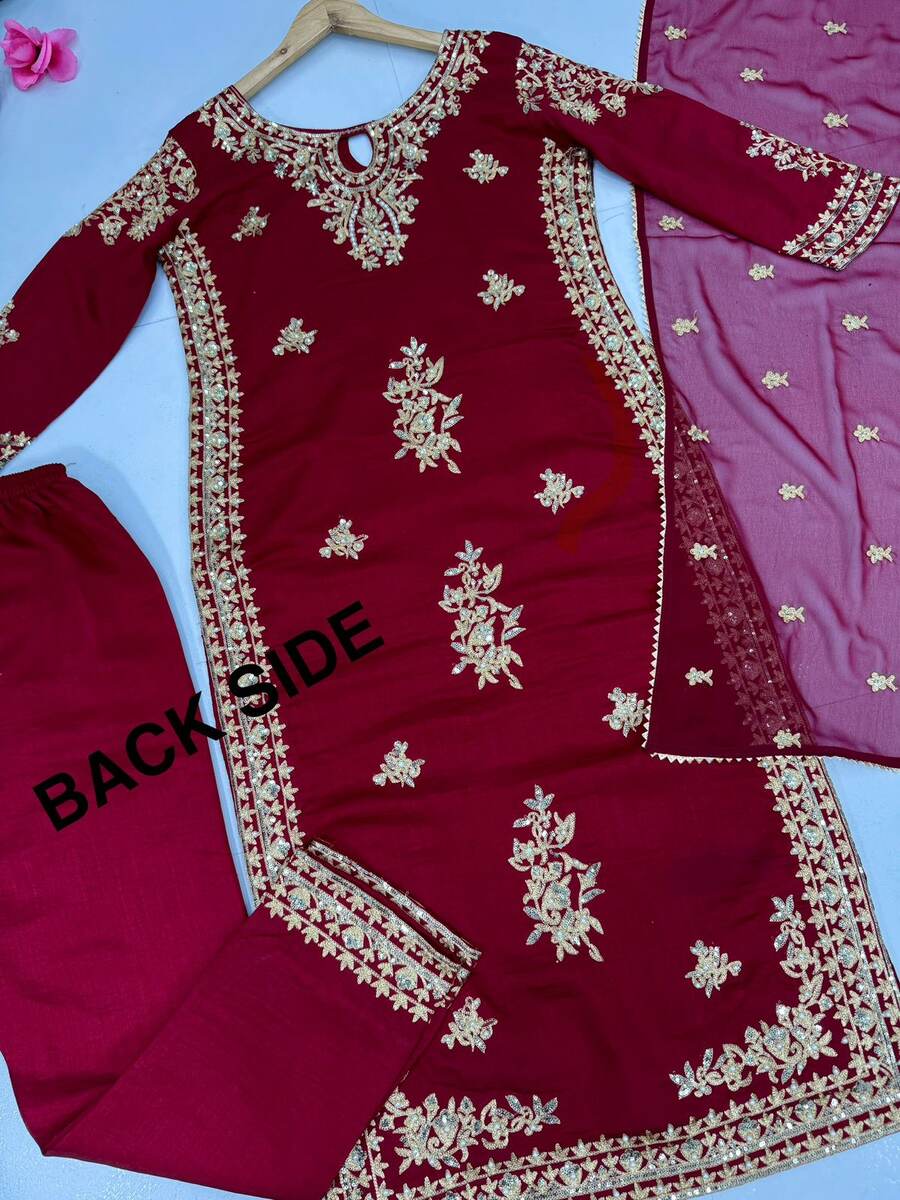 DESIGNER VICHITRA SILK EMBROIDERY SEQUENCE WORK TOP BOTTOM WITH DUPATTA RED