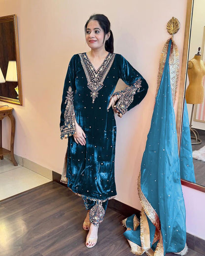 DESIGNER VISCOSE VELVET EMBROIDERY SEQUENCE MOTI WORK TOP BOTTOM WITH DUPATTA WINE