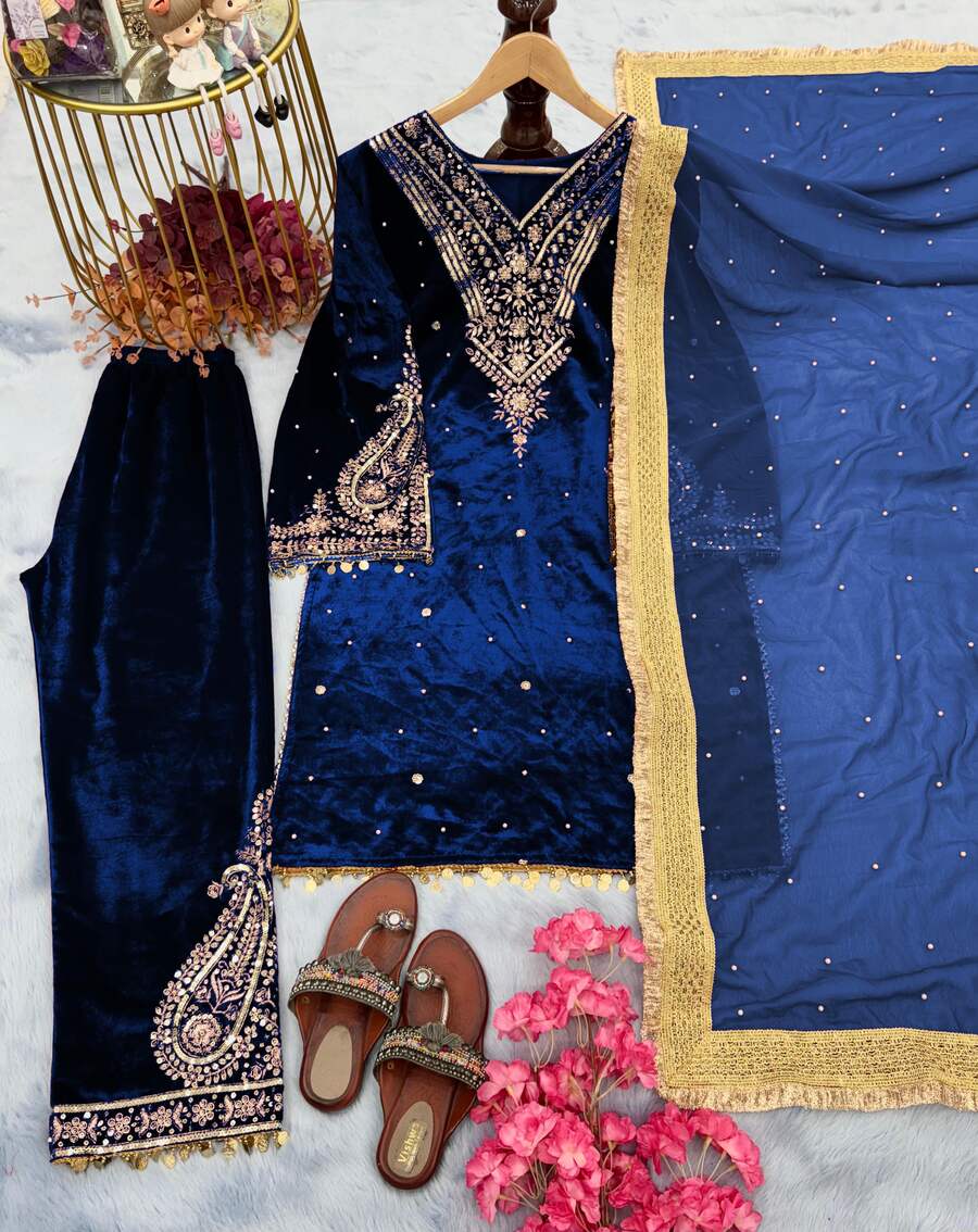 DESIGNER VISCOSE VELVET EMBROIDERY SEQUENCE MOTI WORK TOP BOTTOM WITH DUPATTA WINE