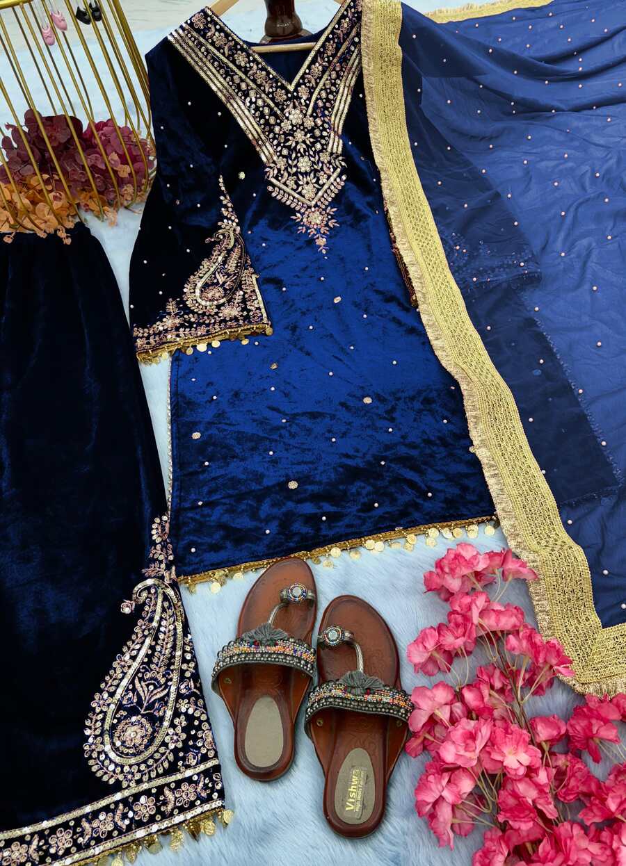 DESIGNER VISCOSE VELVET EMBROIDERY SEQUENCE MOTI WORK TOP BOTTOM WITH DUPATTA WINE
