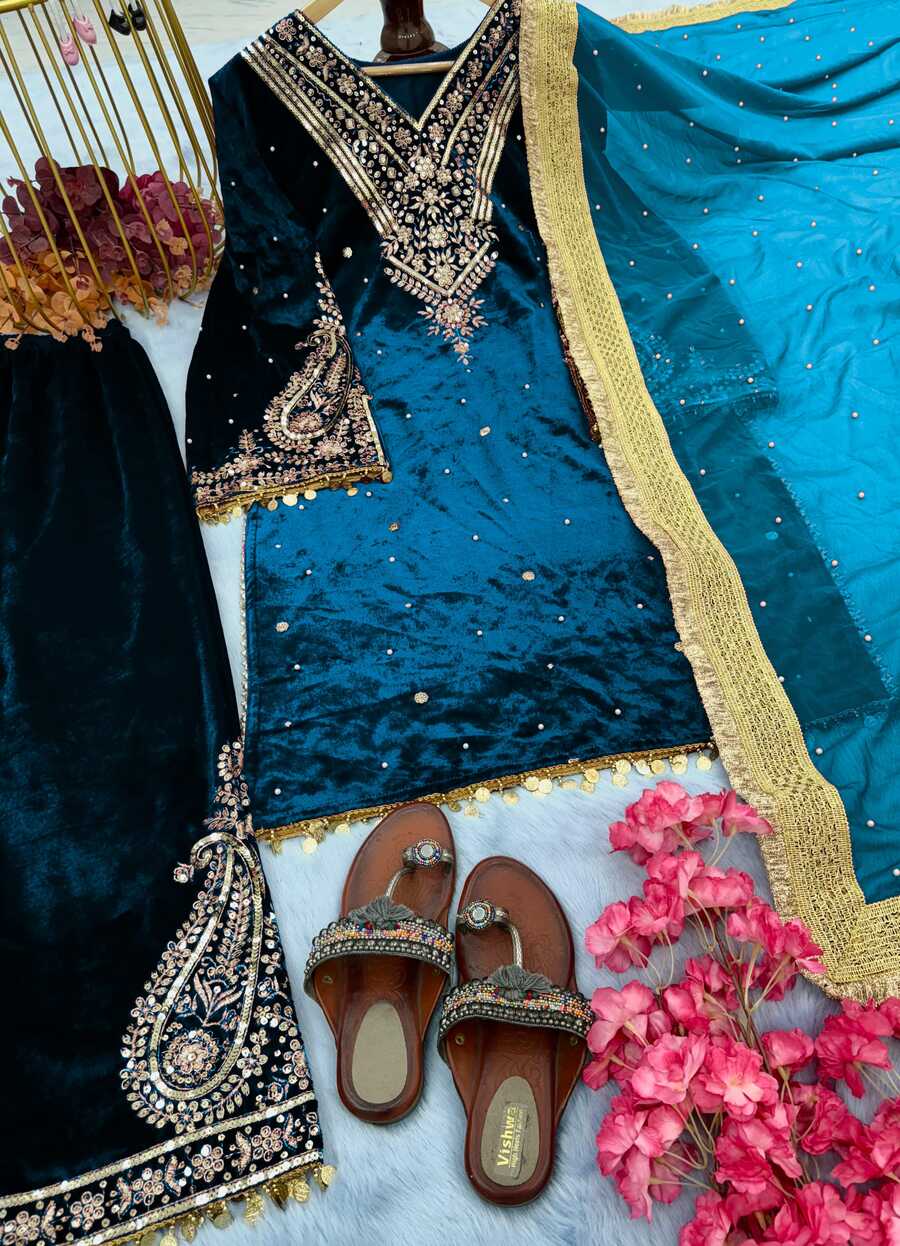 DESIGNER VISCOSE VELVET EMBROIDERY SEQUENCE MOTI WORK TOP BOTTOM WITH DUPATTA WINE