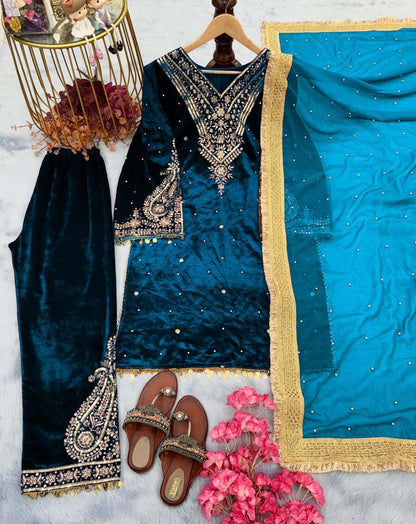 DESIGNER VISCOSE VELVET EMBROIDERY SEQUENCE MOTI WORK TOP BOTTOM WITH DUPATTA WINE