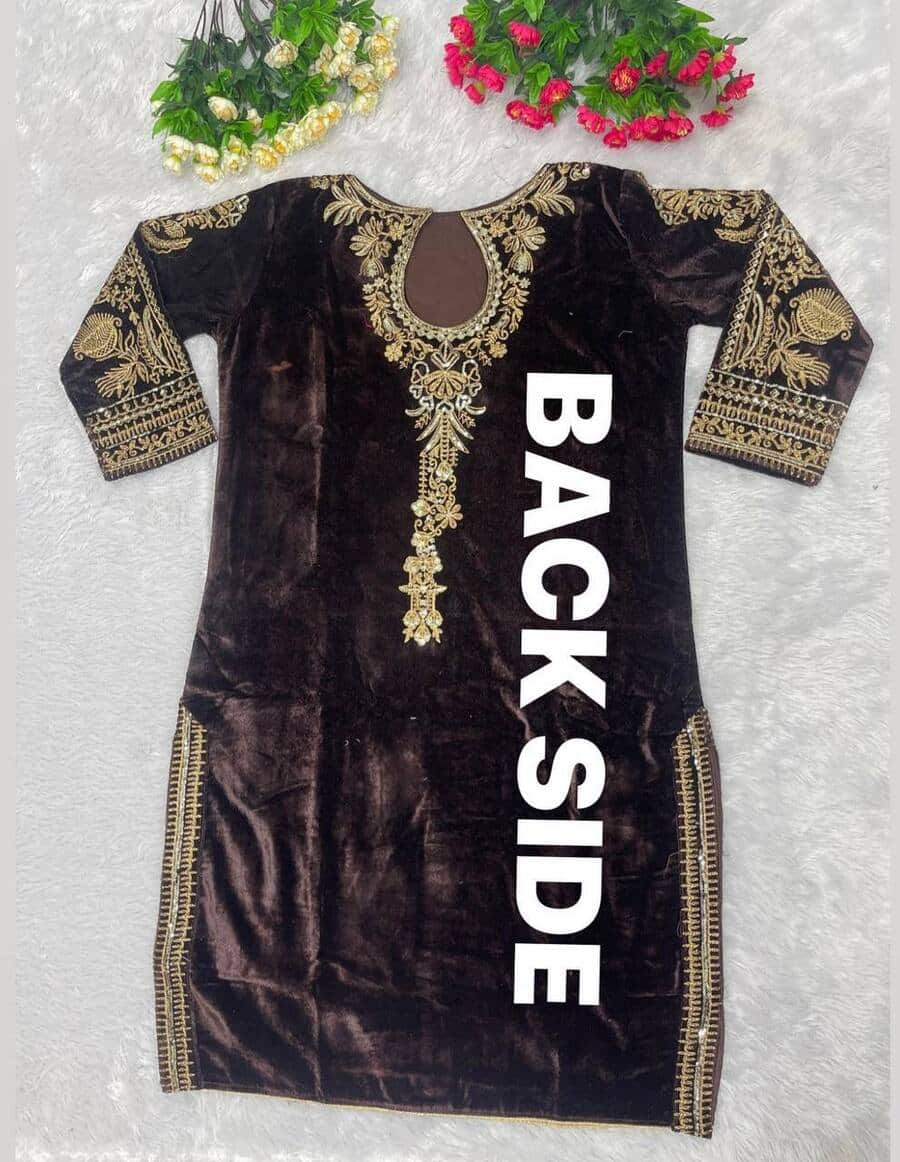 VELVET EMBRODIERY SEQUENCE TOP BOTTOM WITH DUPATTA BROWN