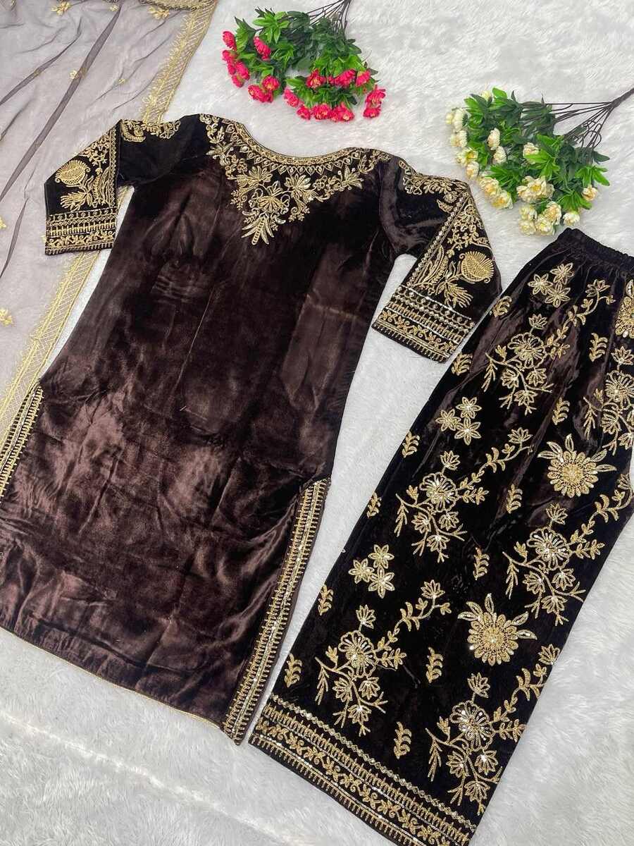 VELVET EMBRODIERY SEQUENCE TOP BOTTOM WITH DUPATTA BROWN