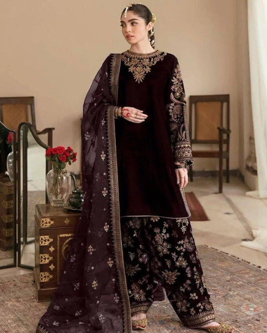 VELVET EMBRODIERY SEQUENCE TOP BOTTOM WITH DUPATTA BROWN