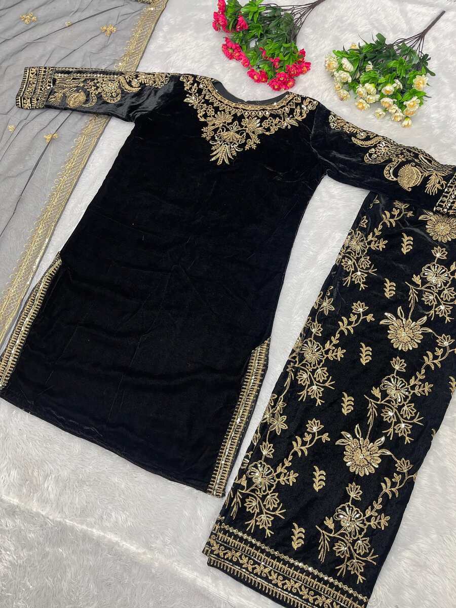VELVET EMBRODIERY SEQUENCE TOP BOTTOM WITH DUPATTA BROWN