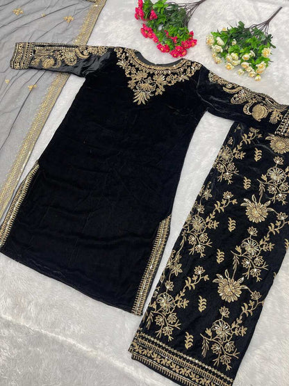 VELVET EMBRODIERY SEQUENCE TOP BOTTOM WITH DUPATTA BROWN