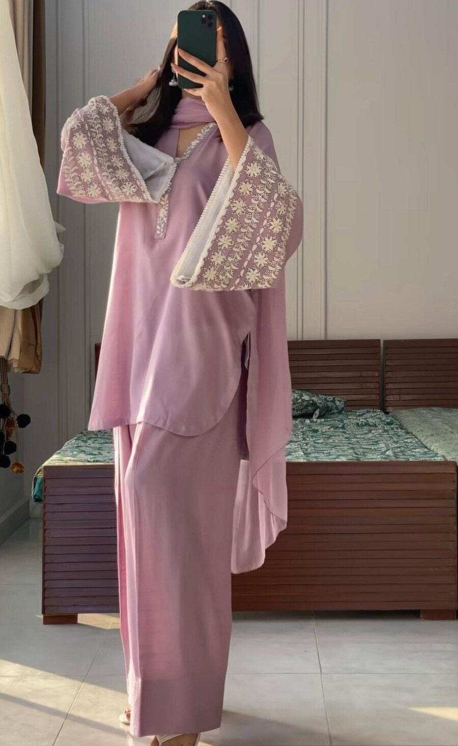 FANCY NATURAL SATIN EMBROIDERY Suit