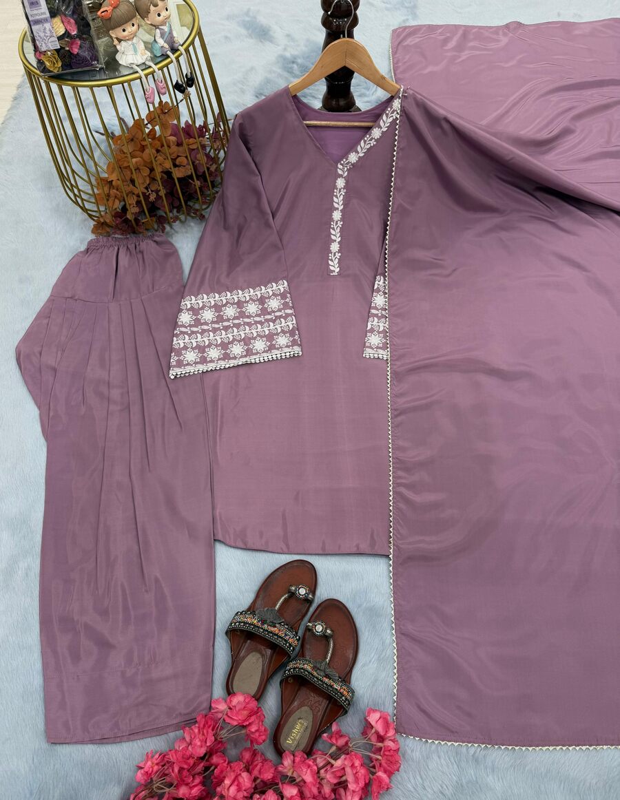 FANCY NATURAL SATIN EMBROIDERY Suit