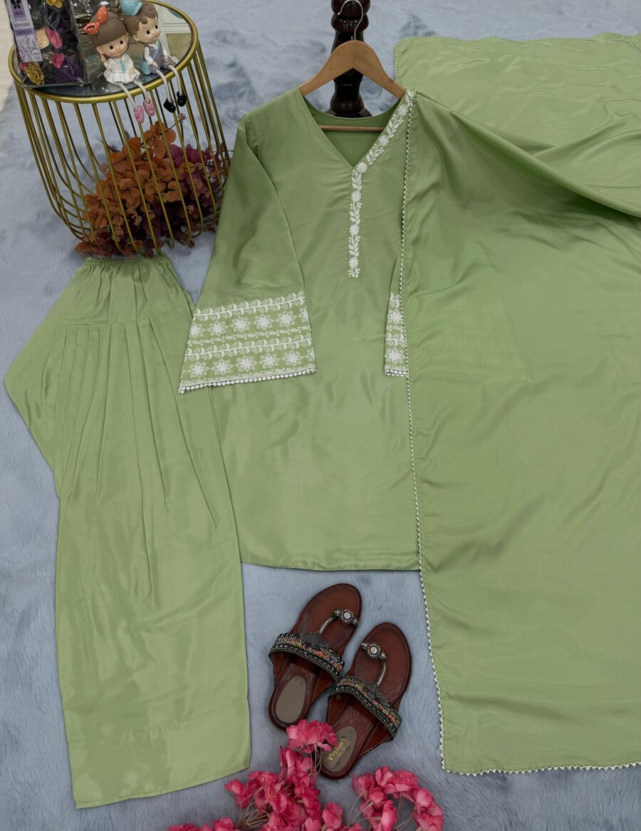 FANCY NATURAL SATIN EMBROIDERY Suit
