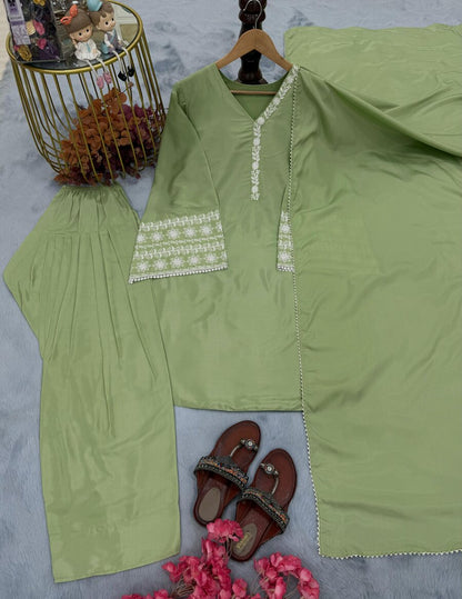 FANCY NATURAL SATIN EMBROIDERY Suit