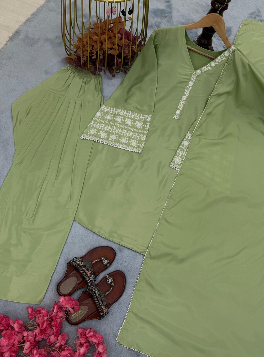 FANCY NATURAL SATIN EMBROIDERY Suit