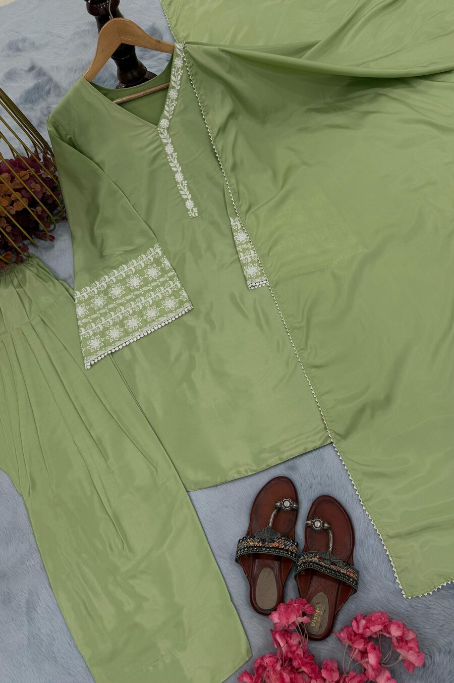 FANCY NATURAL SATIN EMBROIDERY Suit