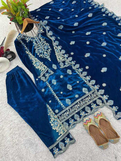 FANCY VELVET EMBROIDREY SEQUENCE WORK TOP BOTTOM WITH DUPATTA BLUE