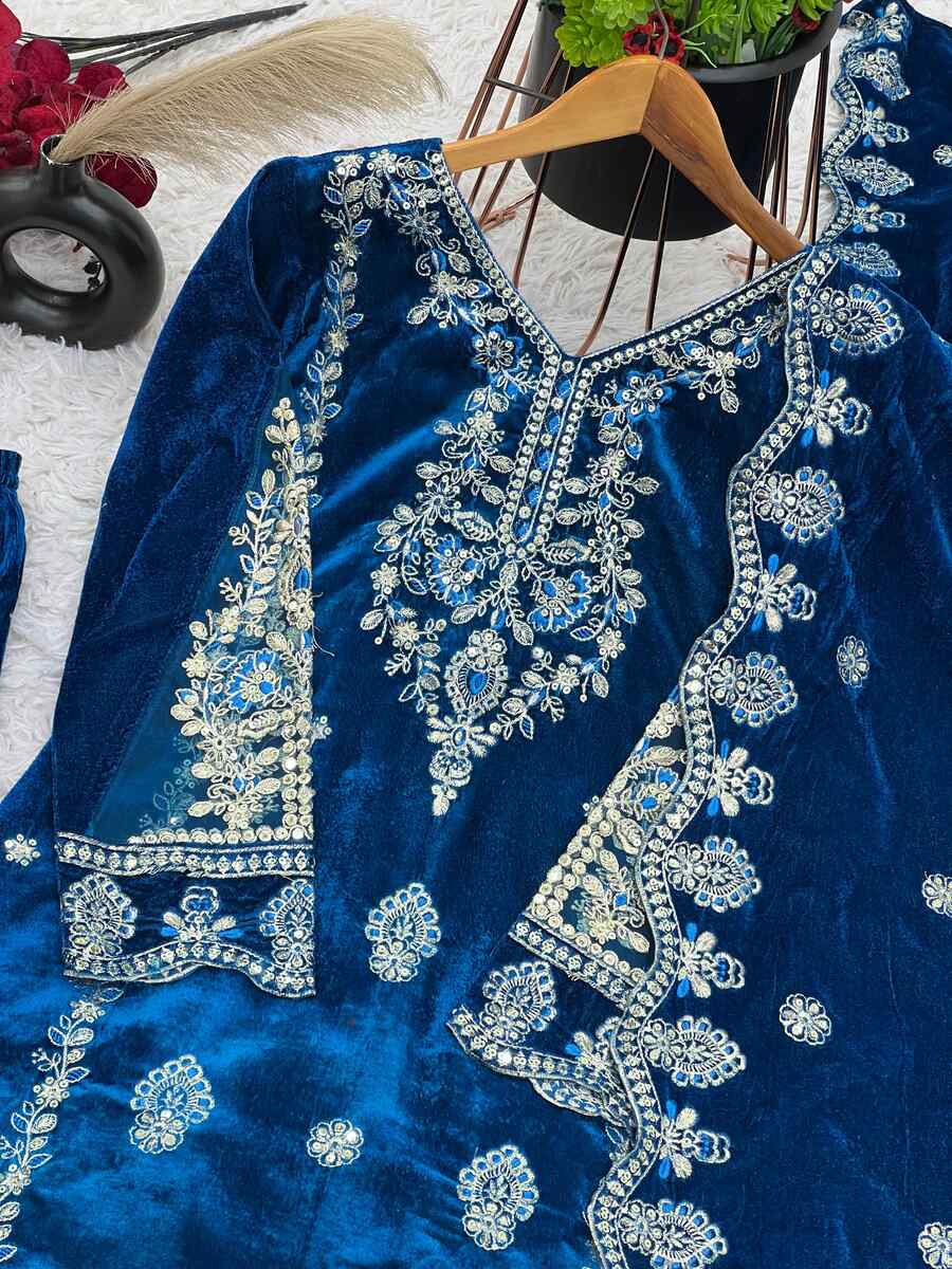 FANCY VELVET EMBROIDREY SEQUENCE WORK TOP BOTTOM WITH DUPATTA BLUE