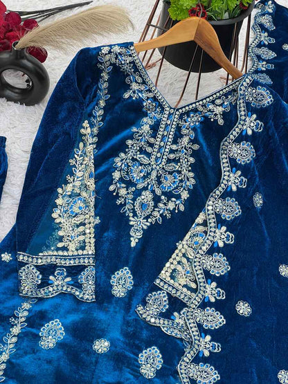 FANCY VELVET EMBROIDREY SEQUENCE WORK TOP BOTTOM WITH DUPATTA BLUE