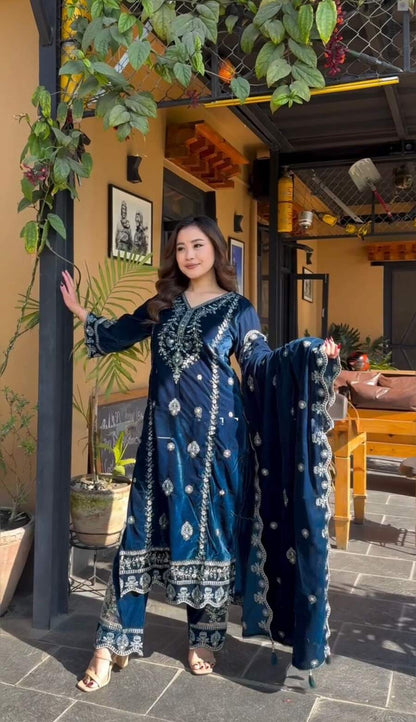 FANCY VELVET EMBROIDREY SEQUENCE WORK TOP BOTTOM WITH DUPATTA BLUE