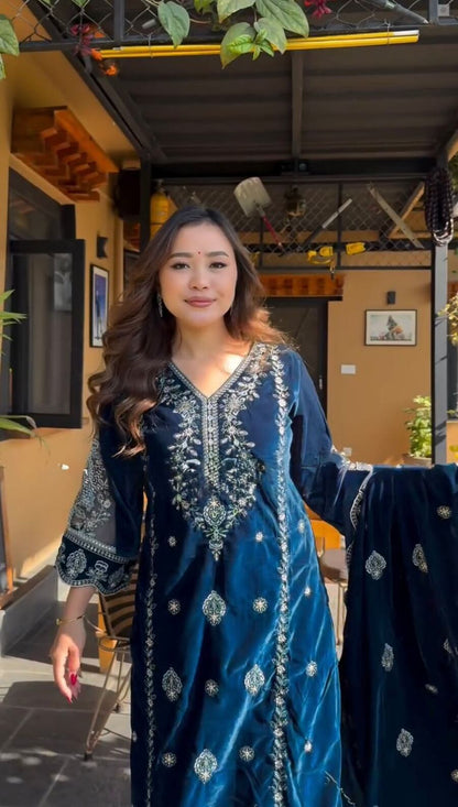 FANCY VELVET EMBROIDREY SEQUENCE WORK TOP BOTTOM WITH DUPATTA BLUE