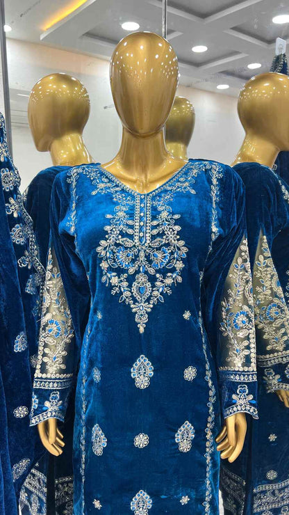 FANCY VELVET EMBROIDREY SEQUENCE WORK TOP BOTTOM WITH DUPATTA BLUE