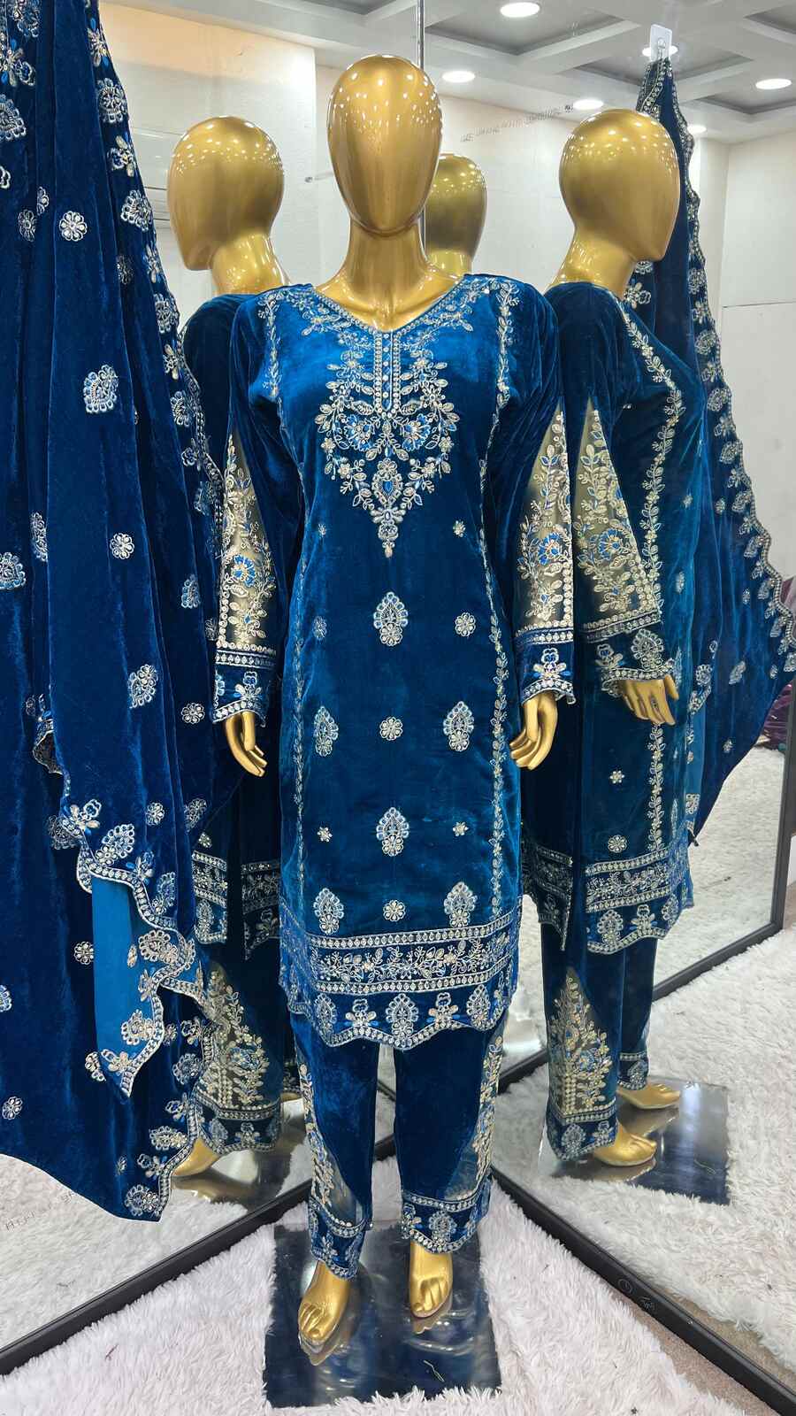 FANCY VELVET EMBROIDREY SEQUENCE WORK TOP BOTTOM WITH DUPATTA BLUE
