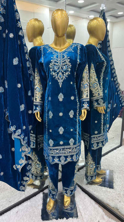 FANCY VELVET EMBROIDREY SEQUENCE WORK TOP BOTTOM WITH DUPATTA BLUE