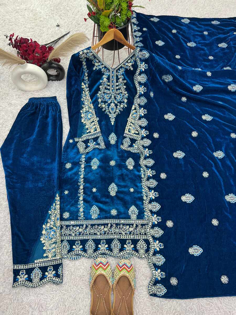 FANCY VELVET EMBROIDREY SEQUENCE WORK TOP BOTTOM WITH DUPATTA BLUE