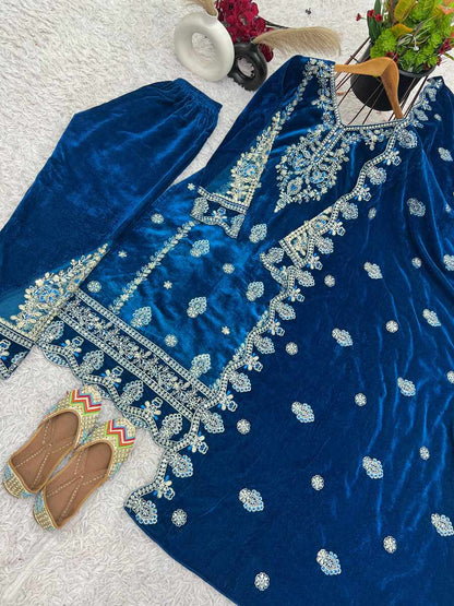 FANCY VELVET EMBROIDREY SEQUENCE WORK TOP BOTTOM WITH DUPATTA BLUE