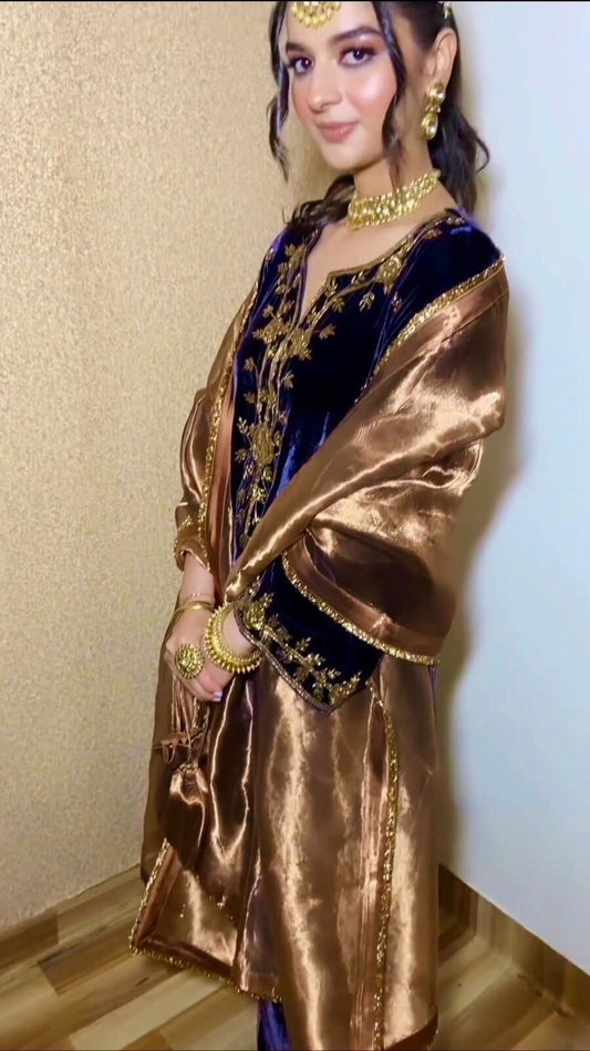 FANCY VISCOSE VELVET EMBROIDERY SEQUENCE WORK WITH BELL SLEEVE AND LATKAN TOP BOTTOM WITH DUPATTA