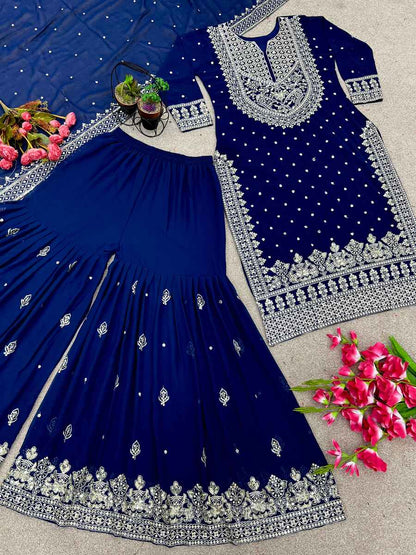DESIGNER GEORGETTE EMBROIDERY SEQUENCE WORK TOP SHARARA WITH DUPATTA