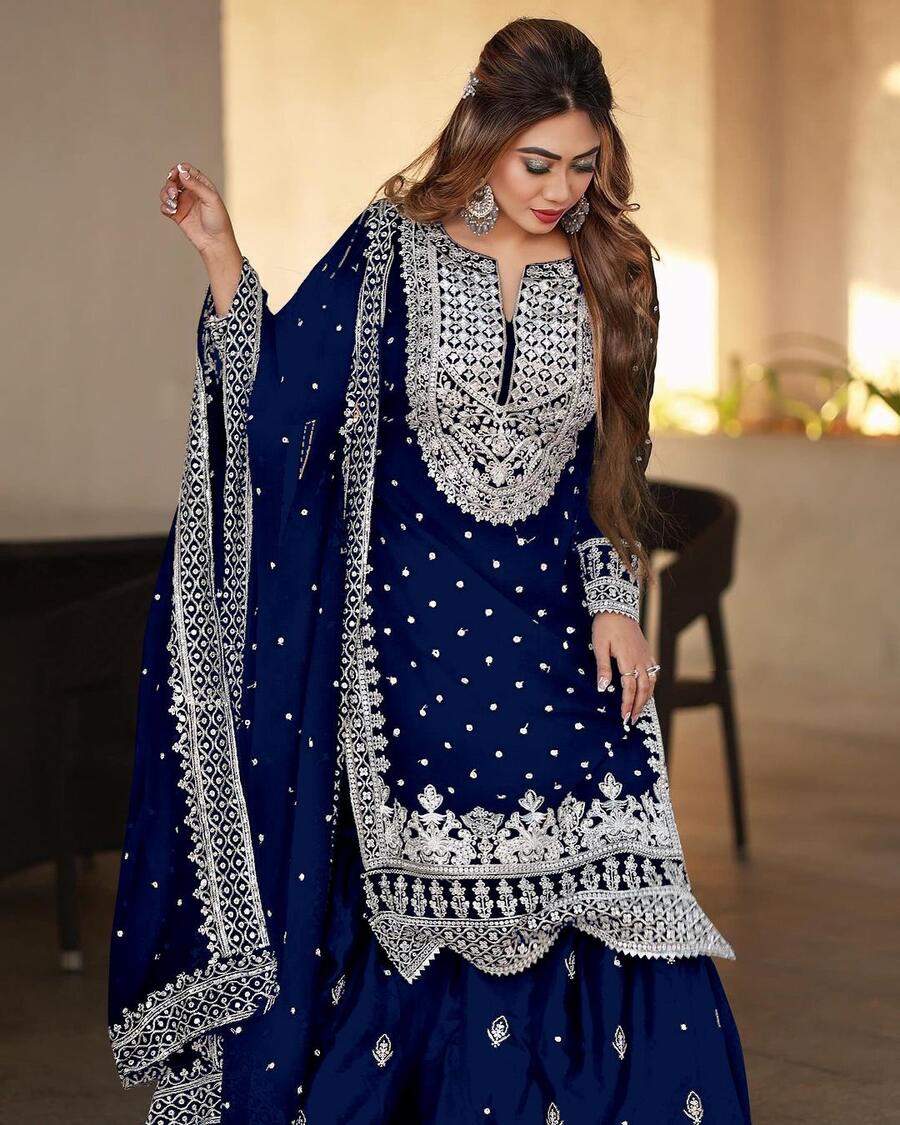 DESIGNER GEORGETTE EMBROIDERY SEQUENCE WORK TOP SHARARA WITH DUPATTA