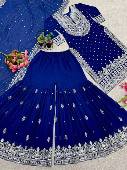 DESIGNER GEORGETTE EMBROIDERY SEQUENCE WORK TOP SHARARA WITH DUPATTA