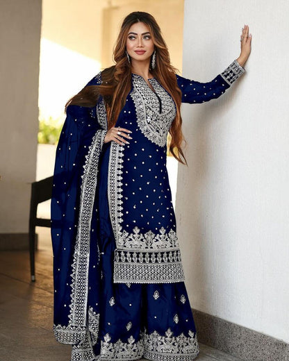 DESIGNER GEORGETTE EMBROIDERY SEQUENCE WORK TOP SHARARA WITH DUPATTA