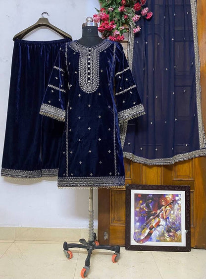 FASHIONABLE VELVET EMBROIDERY HAND WORK TOP PALAZZO WITH DUPATTA BLUE