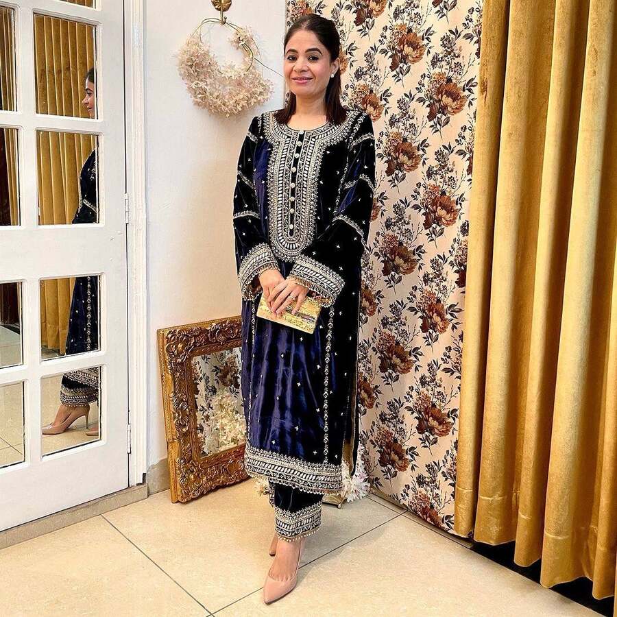 FASHIONABLE VELVET EMBROIDERY HAND WORK TOP PALAZZO WITH DUPATTA BLUE