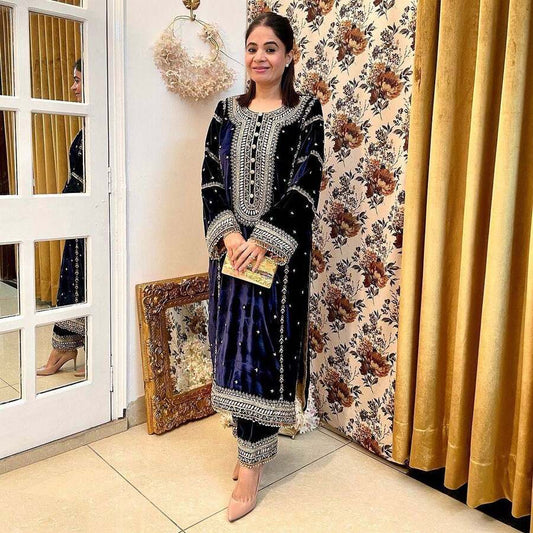 FASHIONABLE VELVET EMBROIDERY HAND WORK TOP PALAZZO WITH DUPATTA BLUE