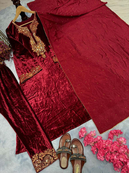 FASHIONABLE VELVET EMBROIDERY SEQUENCE WORK TOP BOTTOM WITH DUPATTA MAROON