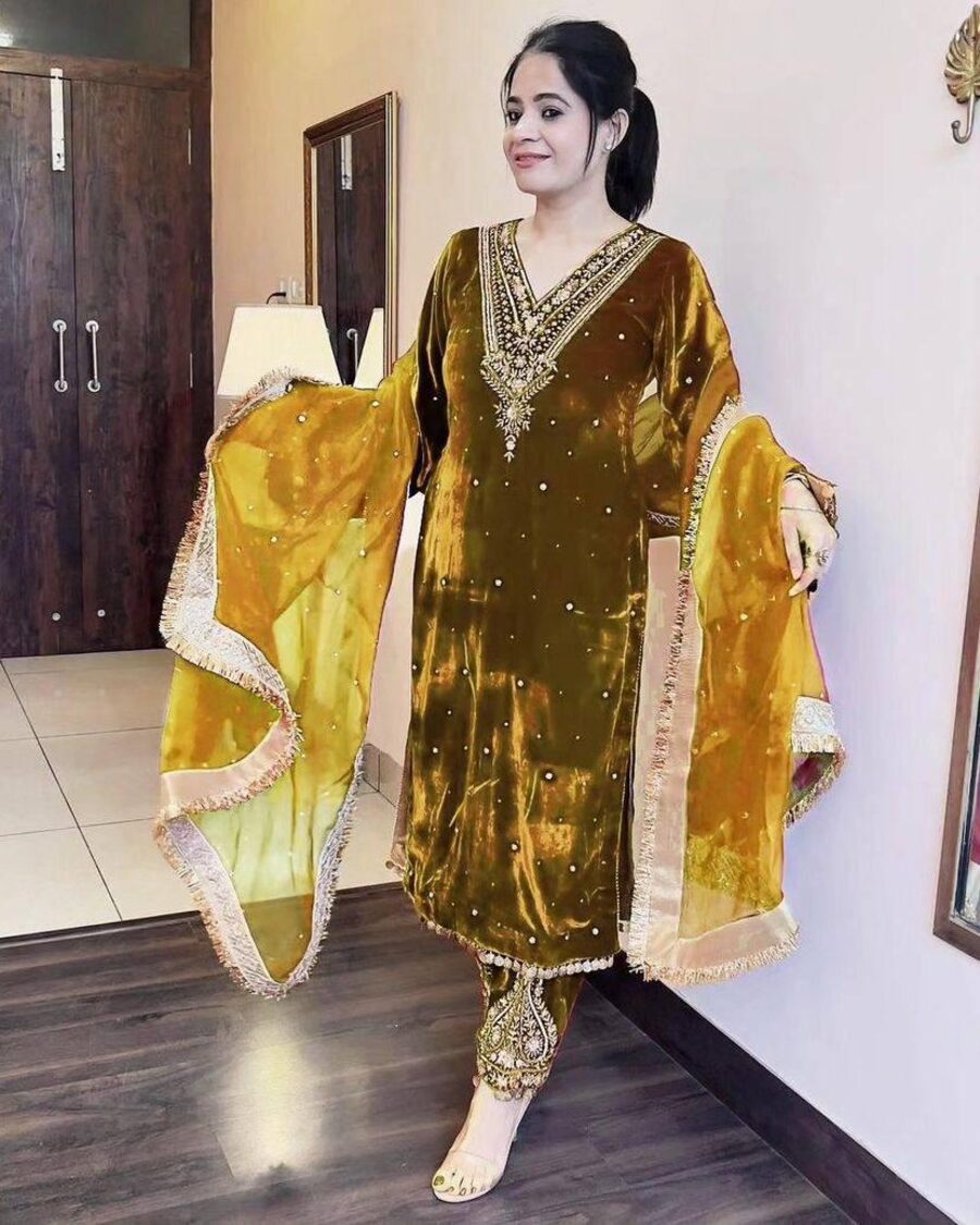 DESIGNER VISCOSE VELVET EMBROIDERY SEQUENCE MOTI WORK TOP BOTTOM WITH DUPATTA WINE
