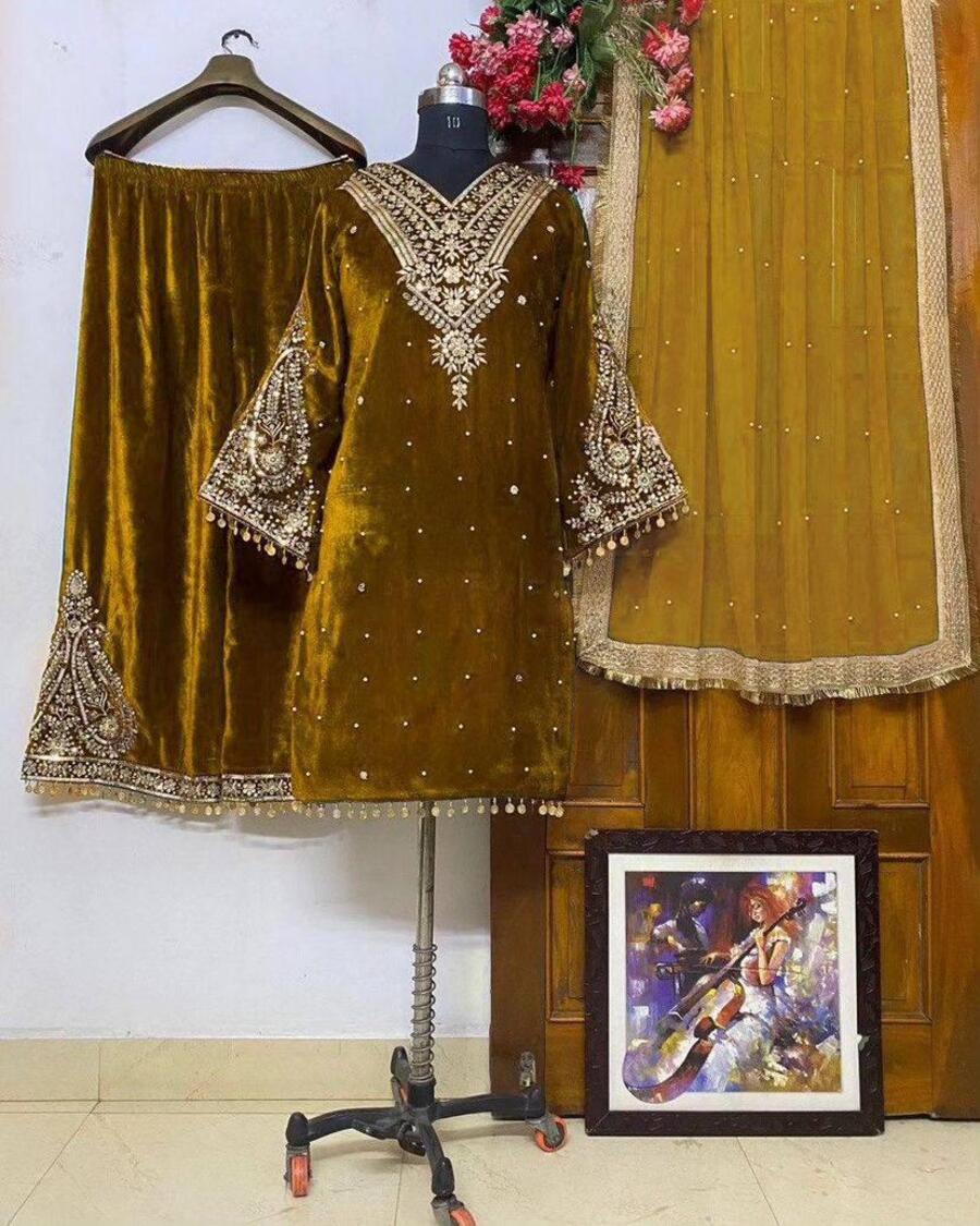 DESIGNER VISCOSE VELVET EMBROIDERY SEQUENCE MOTI WORK TOP BOTTOM WITH DUPATTA WINE