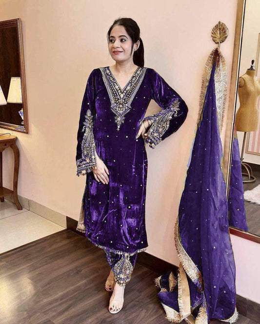 DESIGNER VISCOSE VELVET EMBROIDERY SEQUENCE MOTI WORK TOP BOTTOM WITH DUPATTA WINE