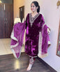 DESIGNER VISCOSE VELVET EMBROIDERY SEQUENCE MOTI WORK TOP BOTTOM WITH DUPATTA WINE