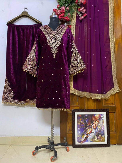 DESIGNER VISCOSE VELVET EMBROIDERY SEQUENCE MOTI WORK TOP BOTTOM WITH DUPATTA WINE