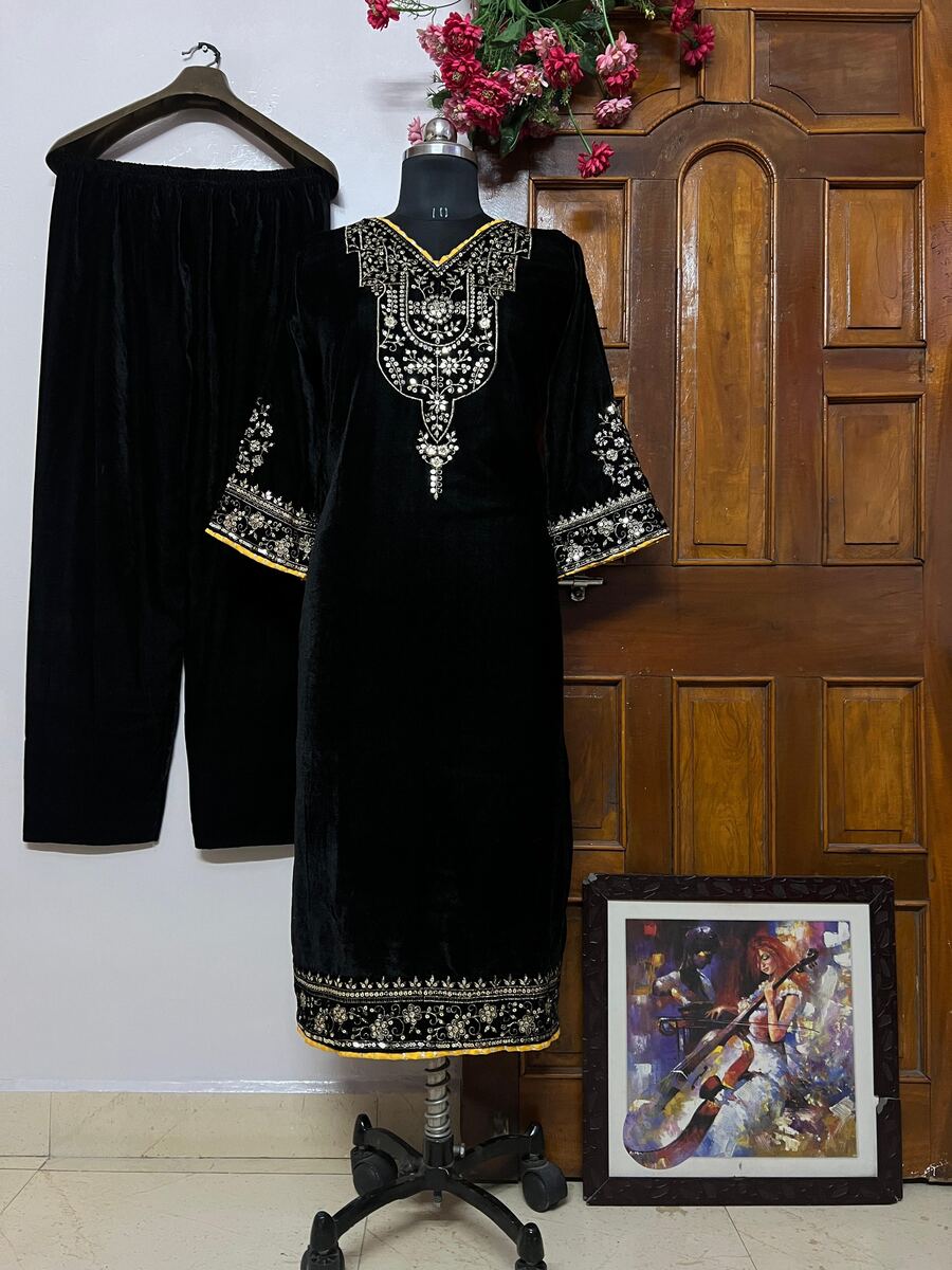 FASHIONABLE VELVET SEQUENCE EMBROIDERY WORK KURTI WITH PALAZZO