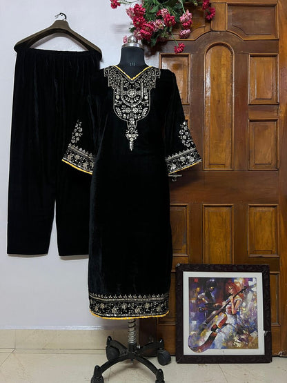 FASHIONABLE VELVET SEQUENCE EMBROIDERY WORK KURTI WITH PALAZZO
