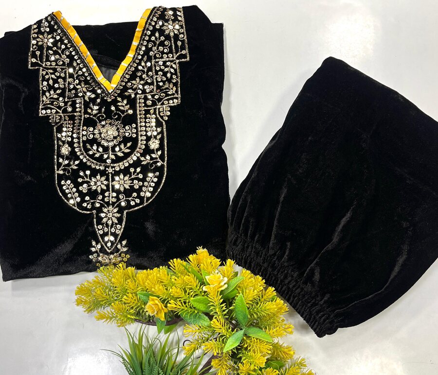 FASHIONABLE VELVET SEQUENCE EMBROIDERY WORK KURTI WITH PALAZZO