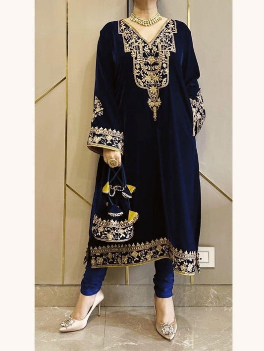 FASHIONABLE VELVET SEQUENCE EMBROIDERY WORK KURTI WITH PALAZZO