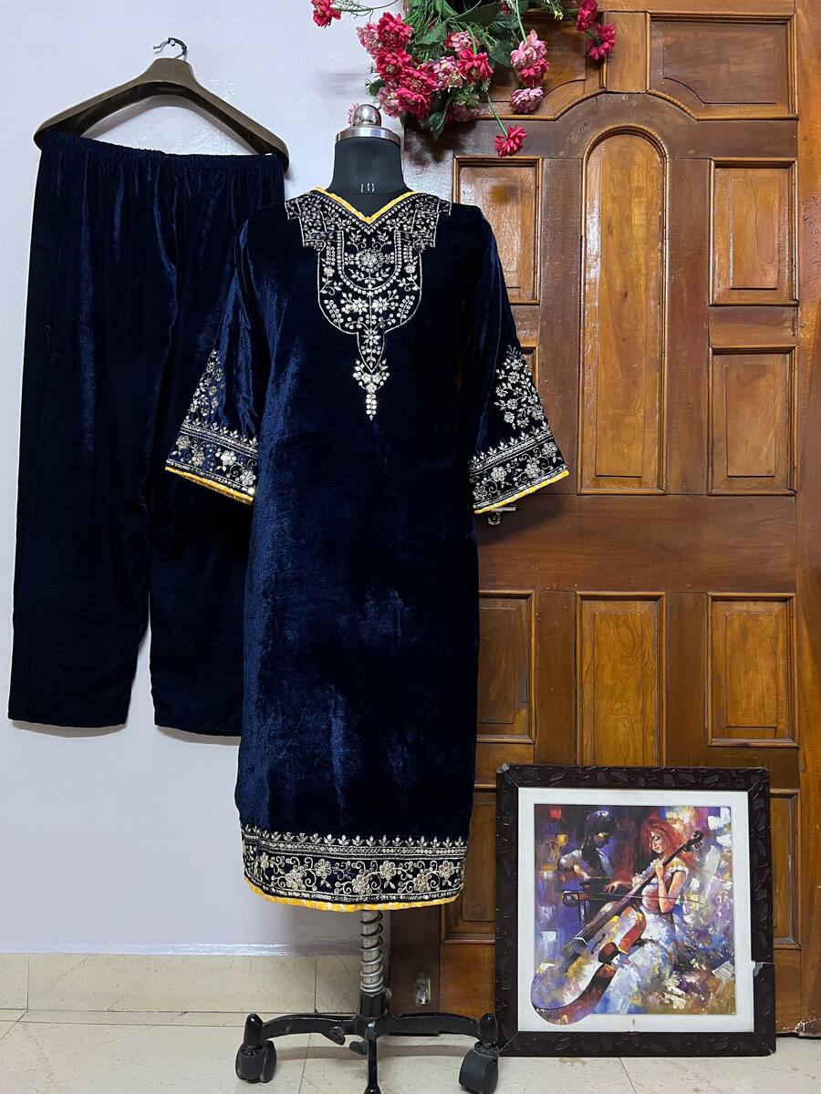 FASHIONABLE VELVET SEQUENCE EMBROIDERY WORK KURTI WITH PALAZZO
