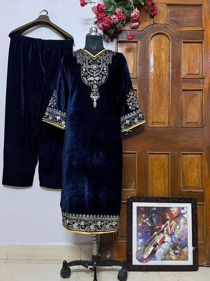 FASHIONABLE VELVET SEQUENCE EMBROIDERY WORK KURTI WITH PALAZZO